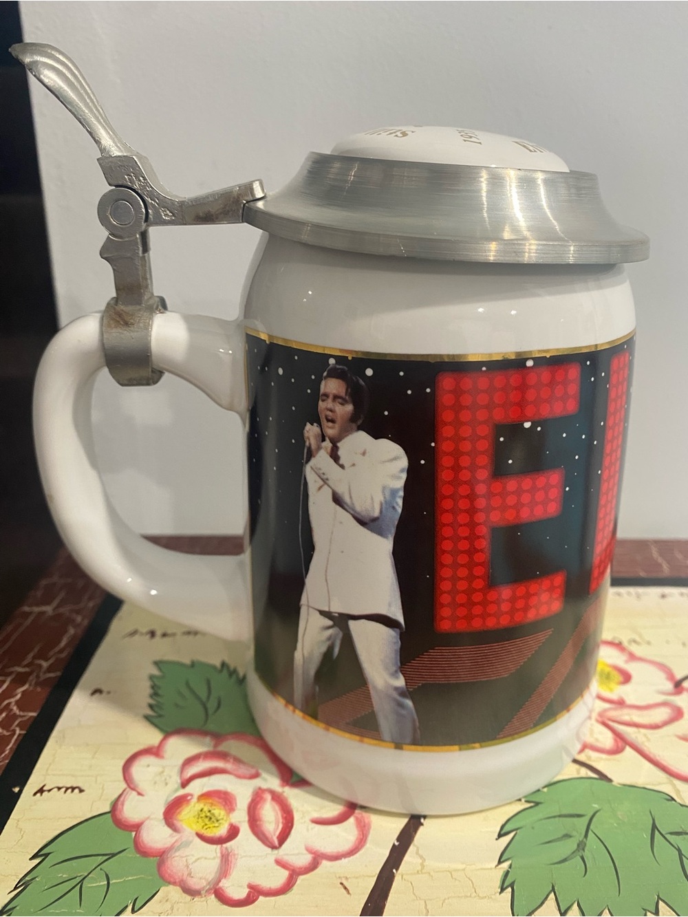 Elvis Presley Commemorative Beer Stein - Silver with White & Gold Lid TCB Emblem